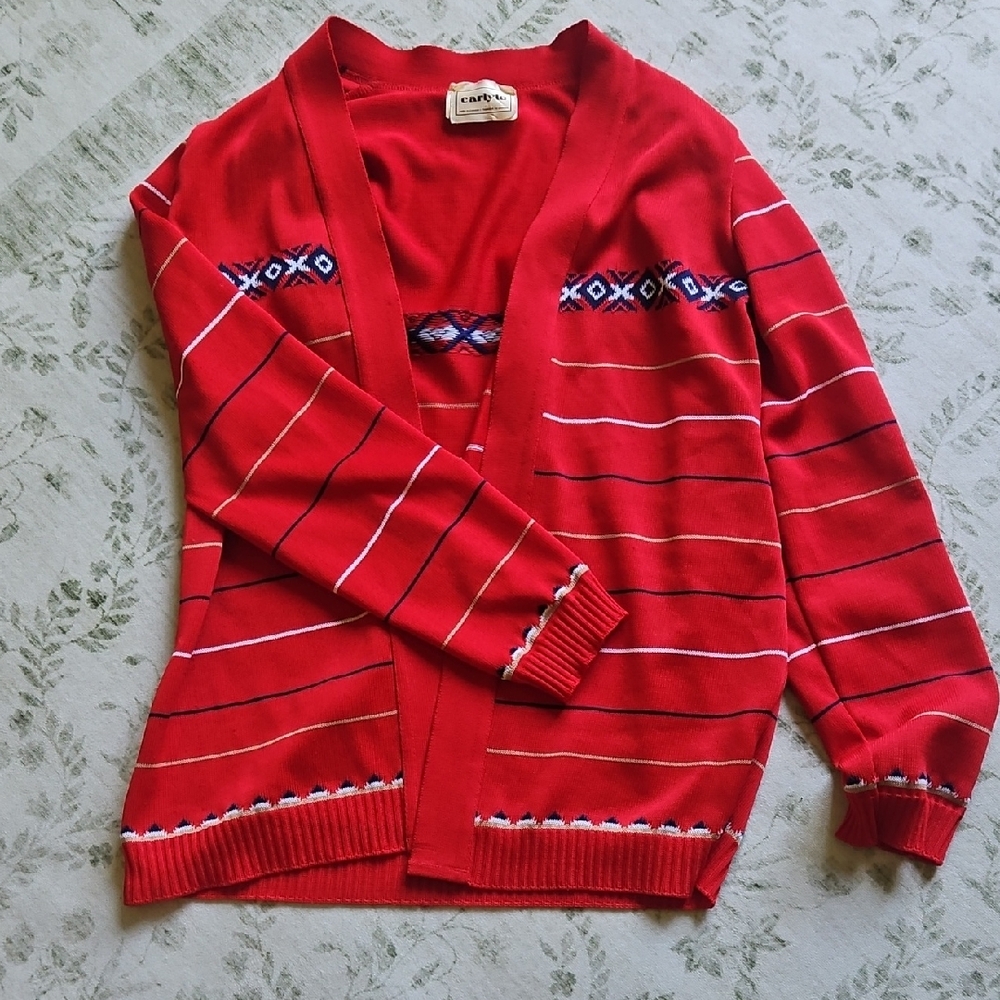 Red Open-Front Women's Cardigan with Geometric Trim